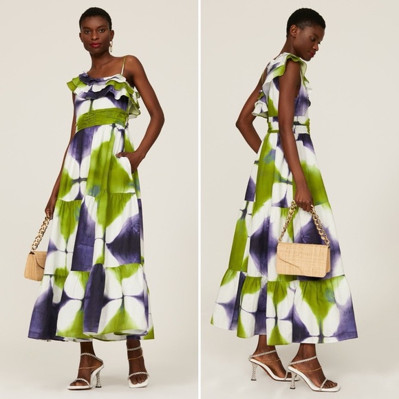 Busayo One Shoulder Ruffle Tie Dye Maxi Purple White and Green Dress - 6 - Picture 2 of 7